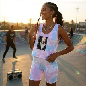 Cross Colours ✦ Aaliyah Tie Dye Biker Shorts ✦ Pastel Pink Blue Stretch Fit S